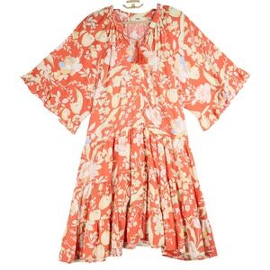 Jaase Coral Floral Tiered Mini Dress Womens XS Boho Tassel Button Front Flutter